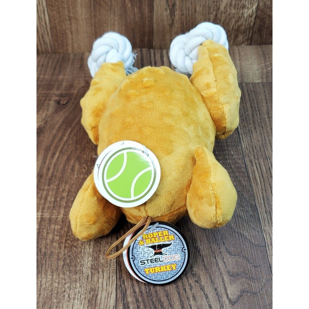 Turkey Dog Toy Pumpkin Pie Squeaker Crinkle Tennis Ball Roper 10" Plush SteelDog